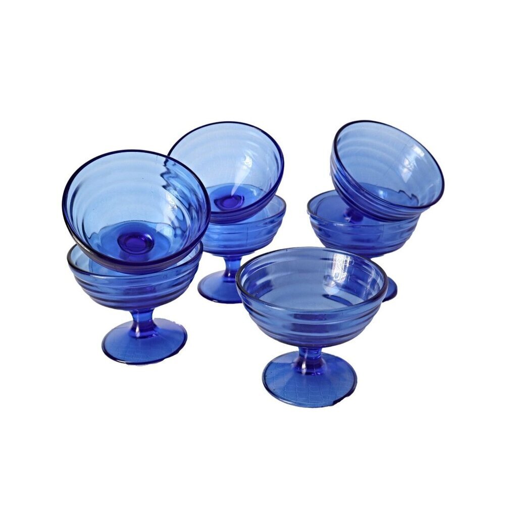 6 Piece Vintage Moderntone Blue Sherbet Set 1930's Dessert Dish Hazel Atlas